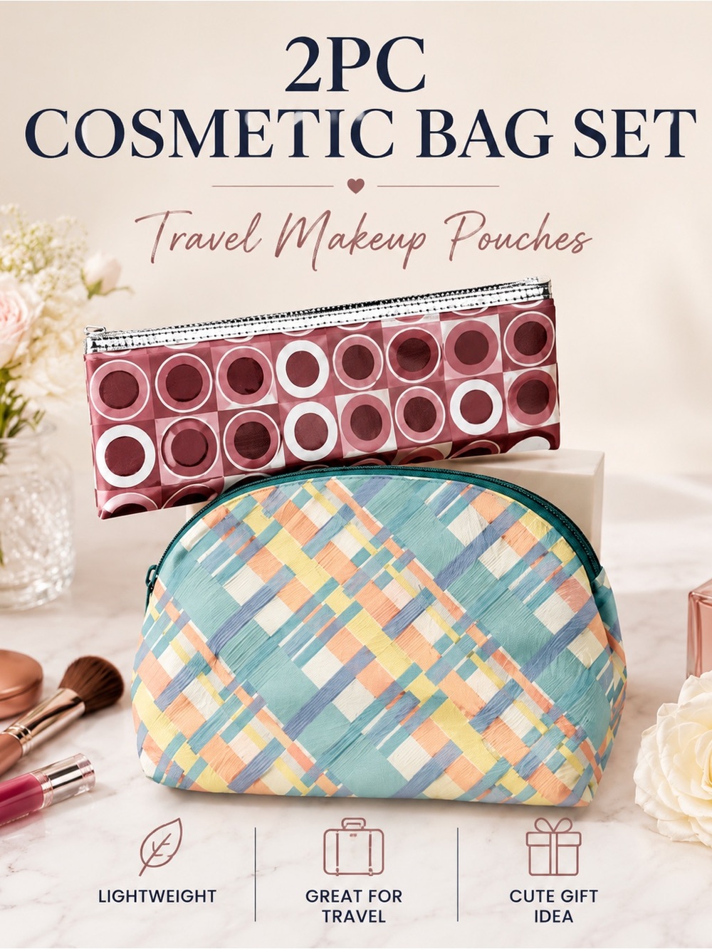 2pc Cosmetic Bag Set Geometric & Pastel Plaid Travel Makeup Pouch Pencil Case